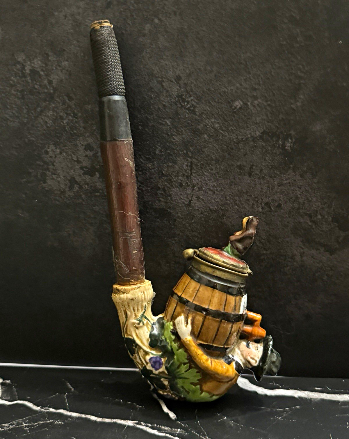Antique German Porcelain Tobacco Pipe, Hand-Painted Bavarian Alpine Figural Man 