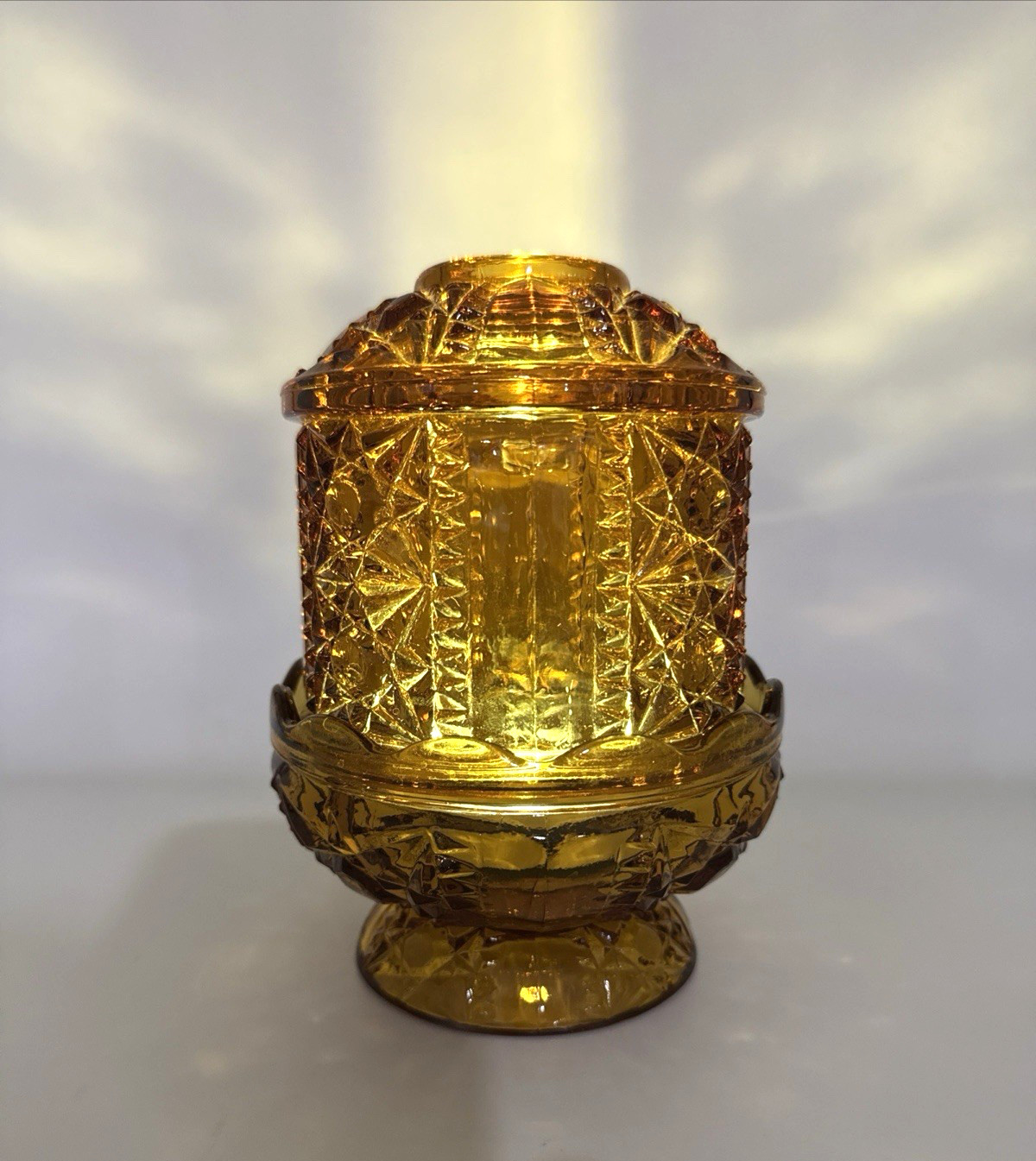 Vintage Indiana Amber Glass Large Fairy Lamp Stars & Bars Diamond Point 1970’s