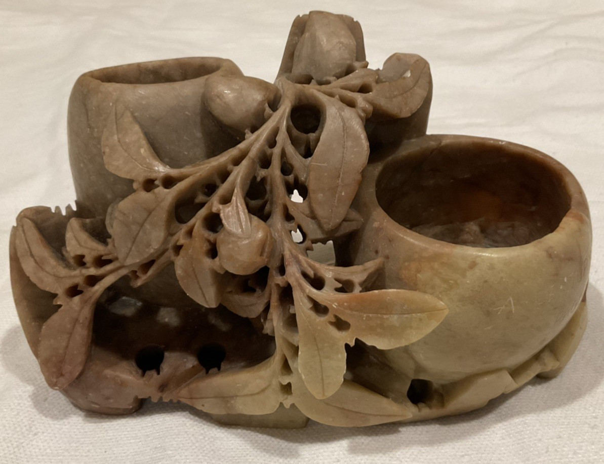 Antique Hand Carved Chinese Soapstone Double Vase