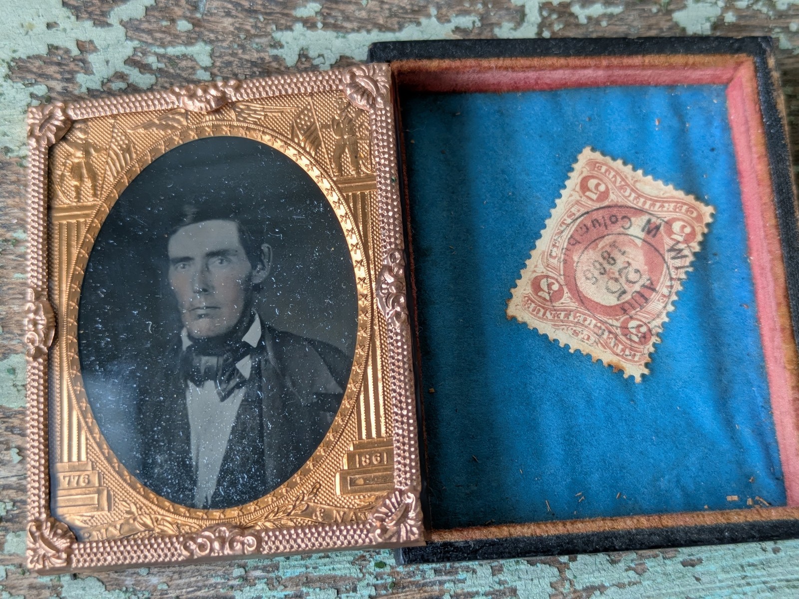 1860's Male Portrait Tinted Tintype w Original 1866 Stamp, Partial Case