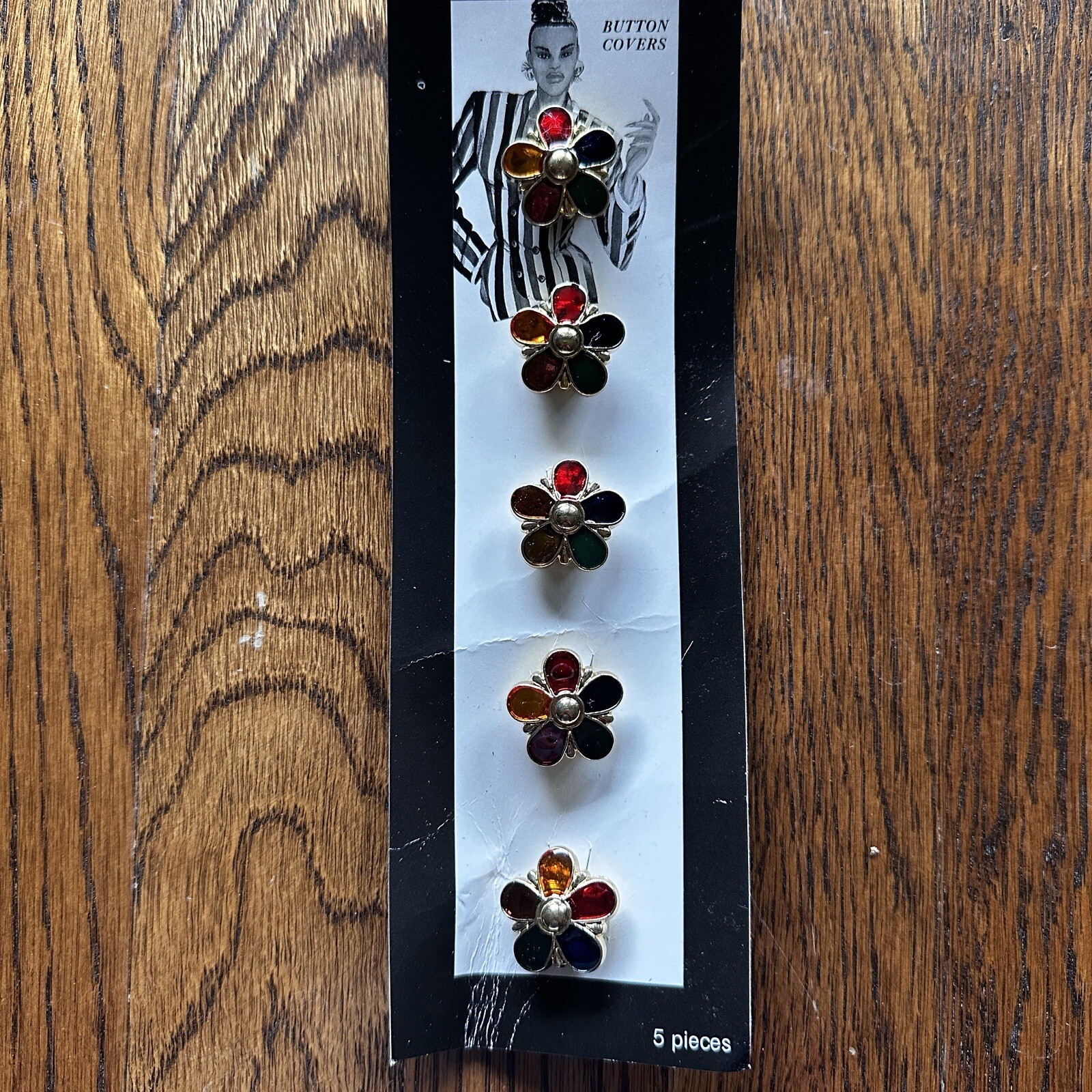 VTG 1980s Cover Buttons Floral Multicolor Gold Tone Trim New Old Stock Lot Of 5