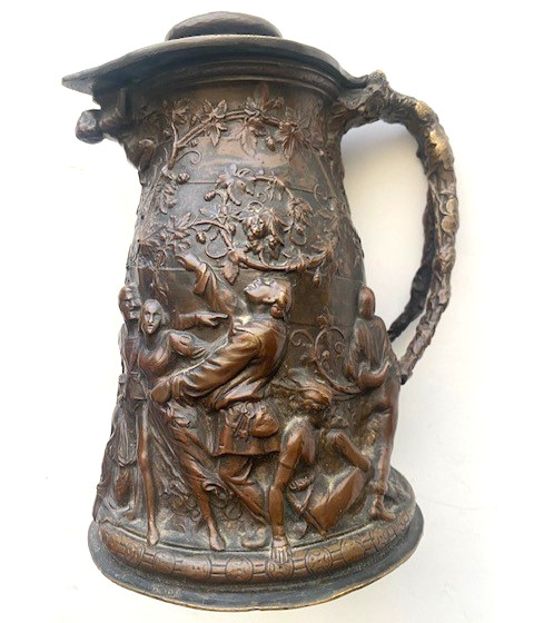 5.5 lb+ Antique RARE and Heavy Bronze Medieval Relief Scene Pitcher /Tankard