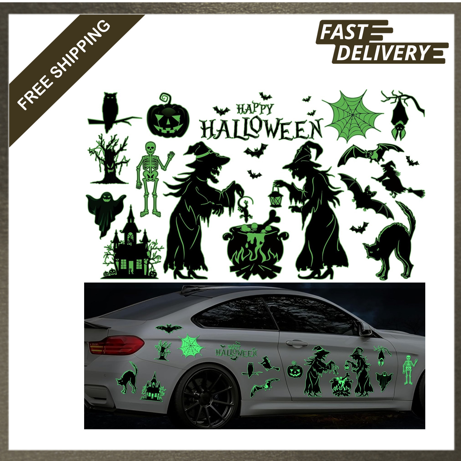 Halloween Car Magnet Set 16 Pcs Glow in Dark Luminous Reusable Decor