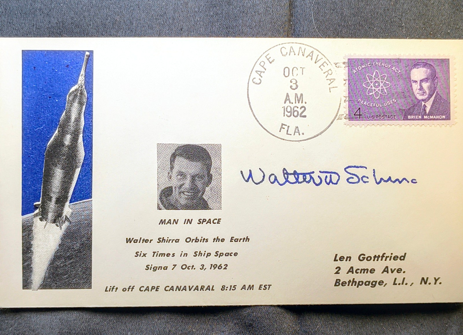 Mercury-Atlas 8 Sigma 7 Launch Cover OCT 3 1962  Wally Schirra Signature