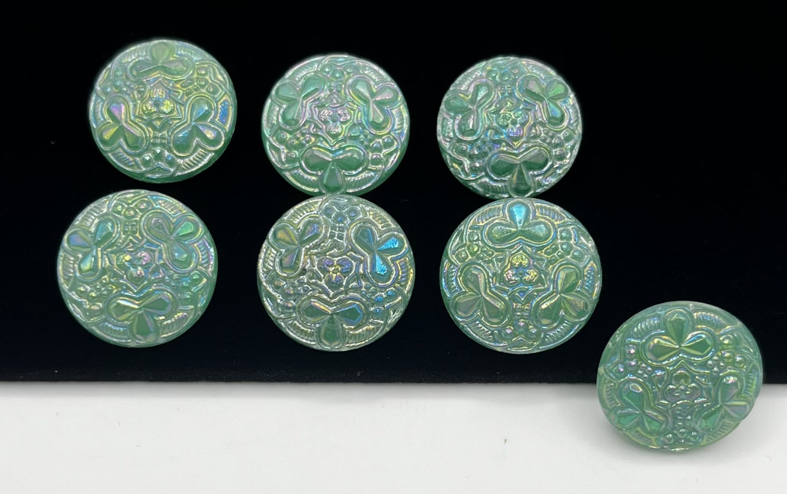 (7) NOS Green Shamrock Retro Czech Uranium Glass Iridescent Art Deco Buttons VTG