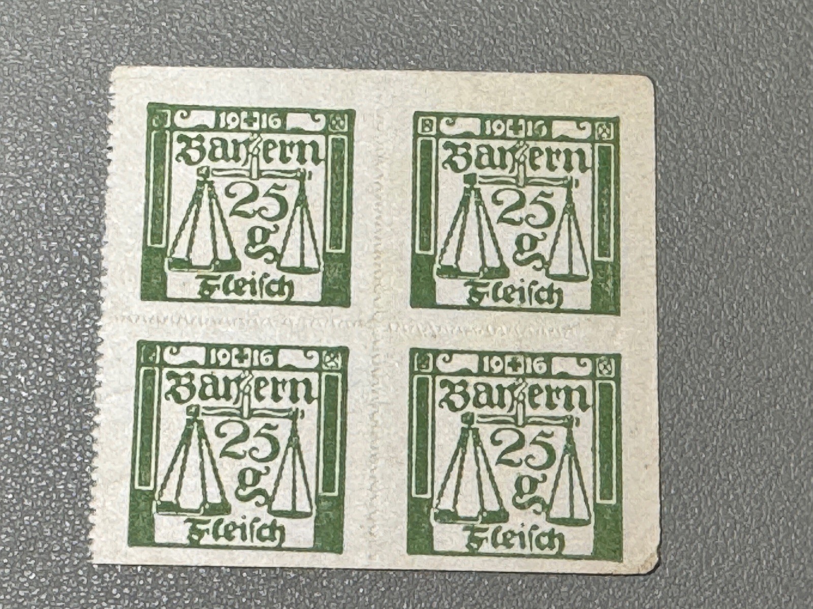 🇩🇪 WWI 1916 Bavaria Meat Ration Coupons Block of 4 – Bayern Fleisch 25g