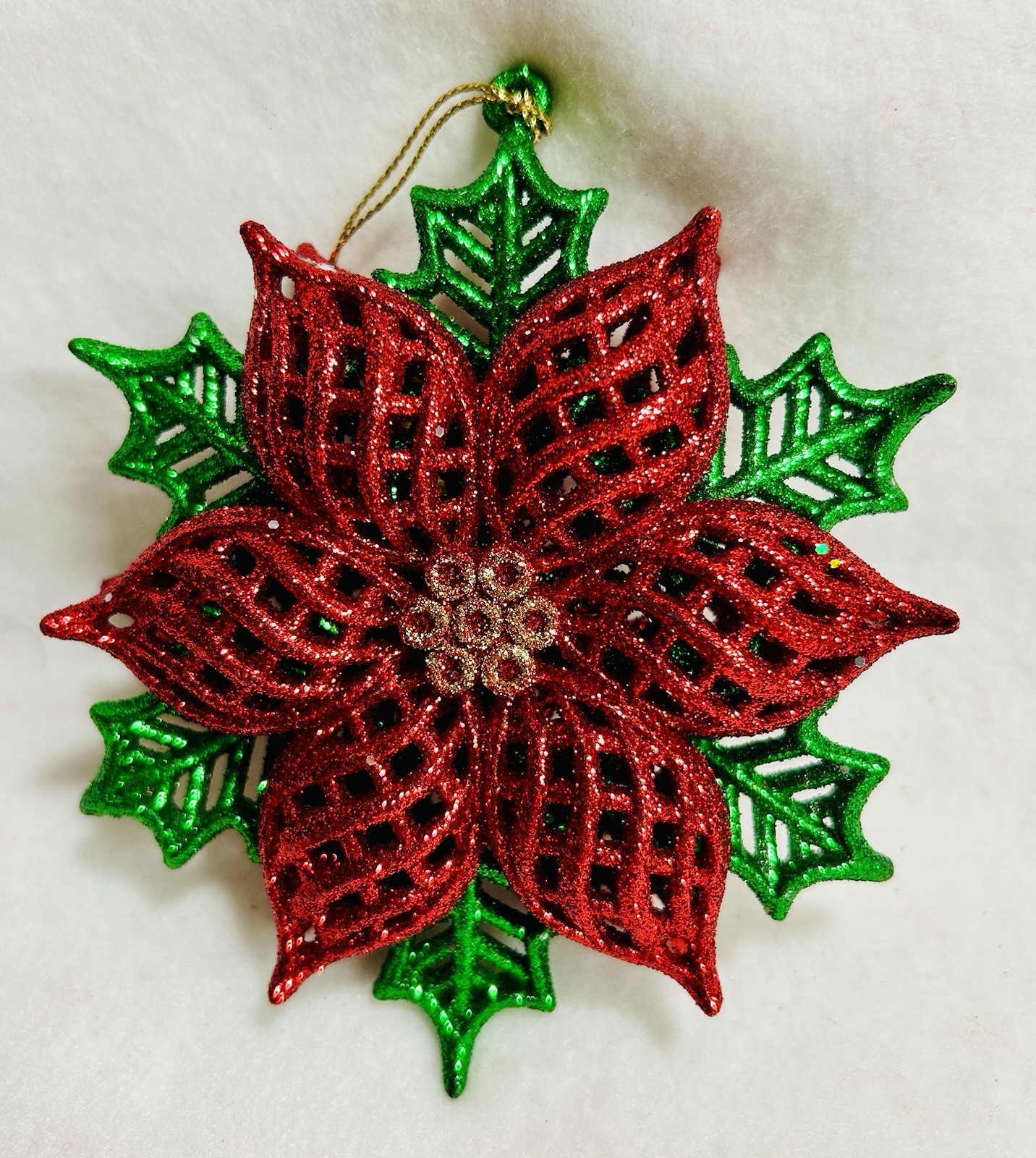 Vintage Glass Double Sided Poinsettia Christmas Ornament, 5”