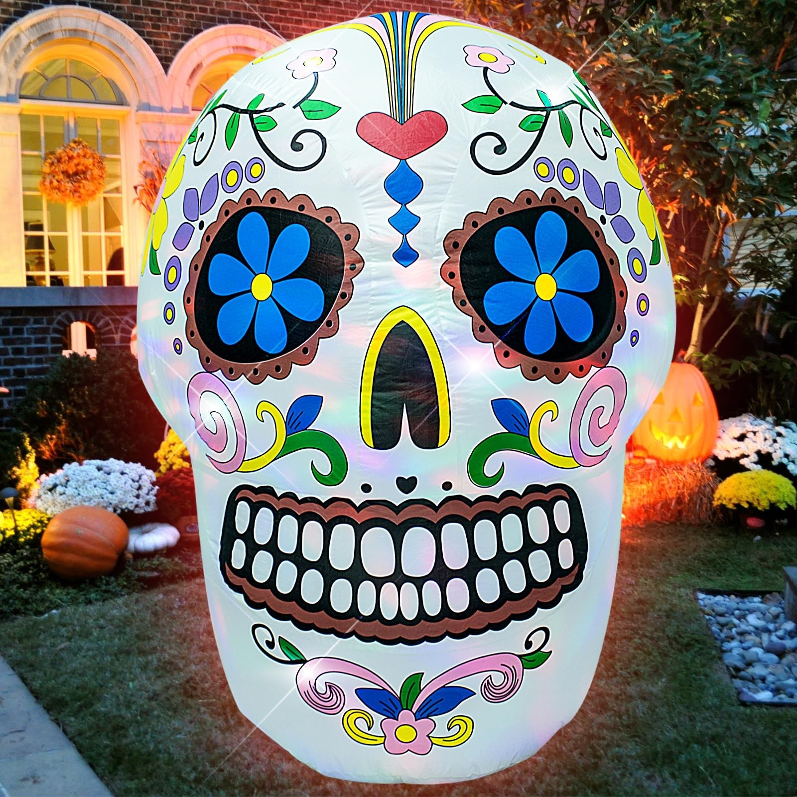 4ft Colorful Skull Halloween Inflatable with LED Lights - Spooky Yard Decor