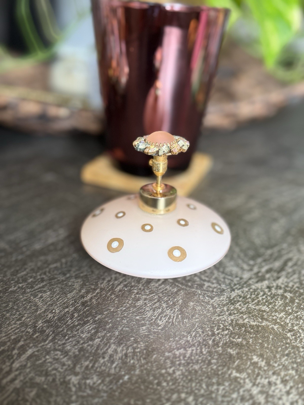 Vtg DeVilbiss 750-49 Perfume Atomizer Mid Century Frosted Gold Coin Dot Jewel