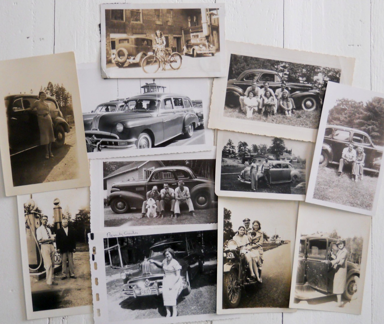 11 Vtg. 1930s-40s Photos Men Women Posing Cars Sedans Motorcycle Gas Pumps Dog