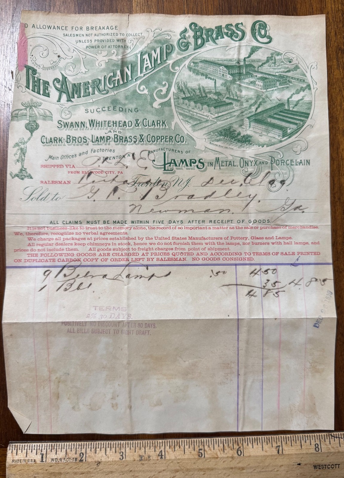 1889 graphic billhead American Lamp Brass Co Swann Whitehead Trenton NJ