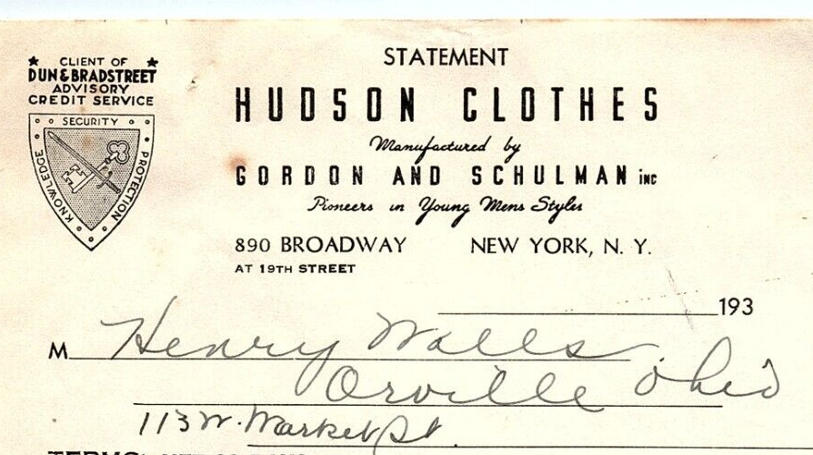1938 HUDSON CLOTHES GORDON AND SCHULMAN N.Y. YOUNG MENS  BILLHEAD STATEMENT Z500
