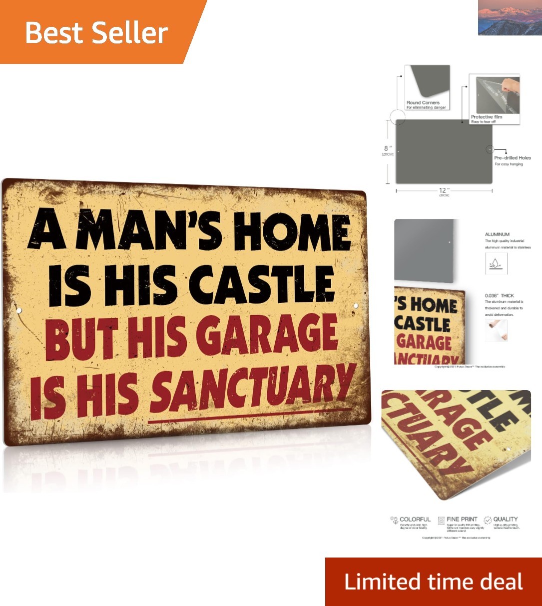 Vintage Metal Sign - A Man's Home Is His Castle but Garage Is His Sanctuary 12x8