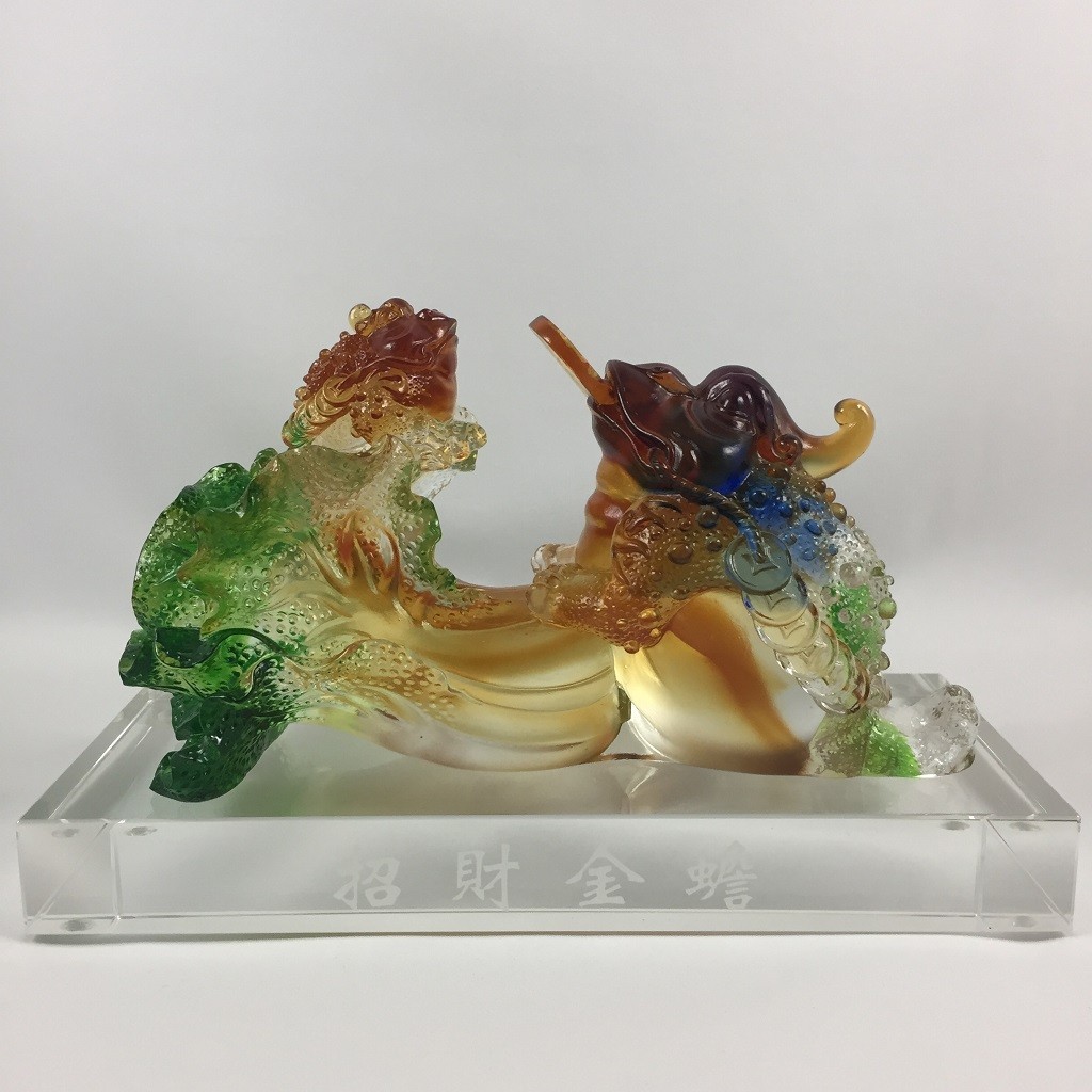 Liuli Crystal Glass Golden Toad Feng Shui Home Decor Ornament with Crystal base