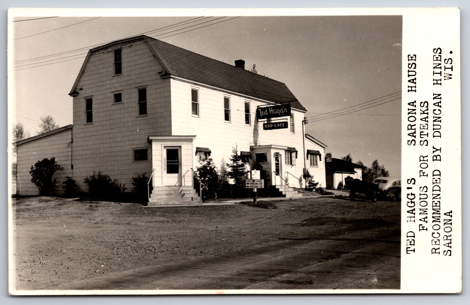 Sarona Wisconsin~Ted Hagg\'s Steak House~Bar Café~Lake Mileage Sign~1950 RPPC