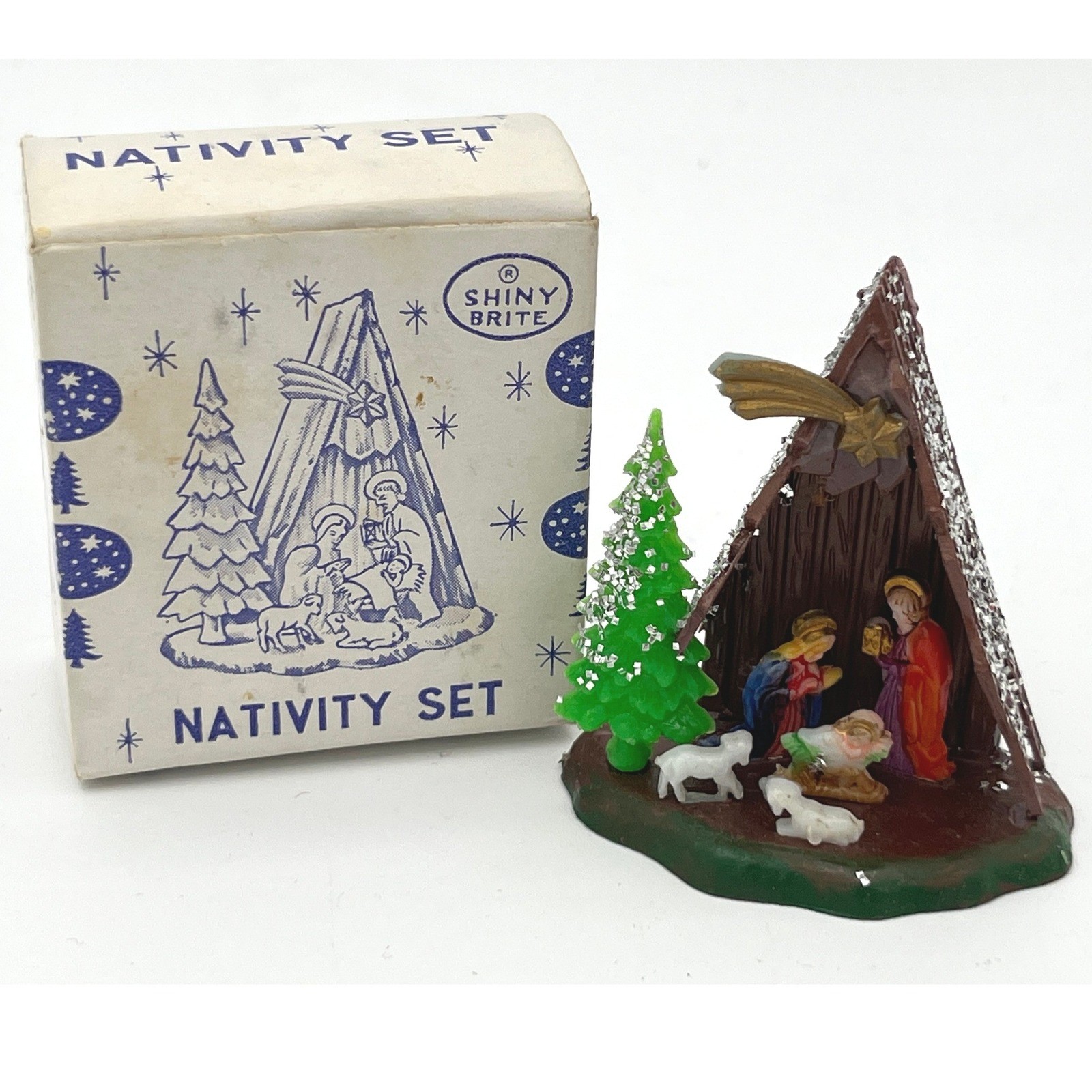 Vintage Shiny Brite Miniature Nativity Set Plastic Hong Kong With Original Box