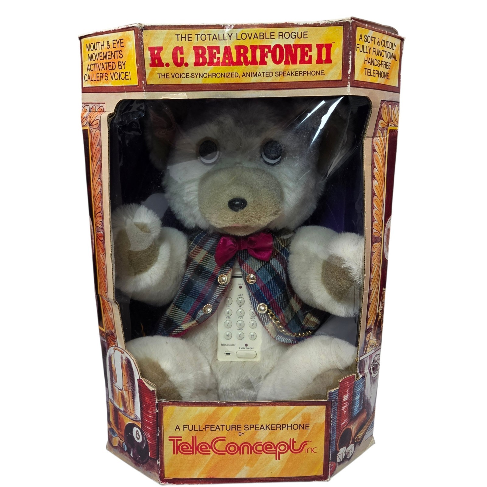 NOS K.C. Bearifone II Animated Talking Teddy Bear Novelty Phone 1986 *Untested