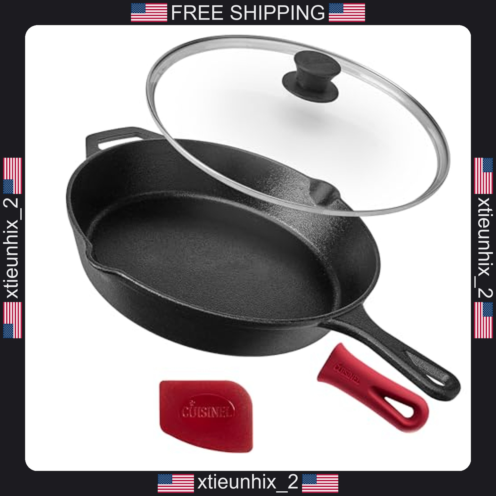Cast Iron Skillet 12 Inch with Lid and Silicone Handle Holder for Indoor