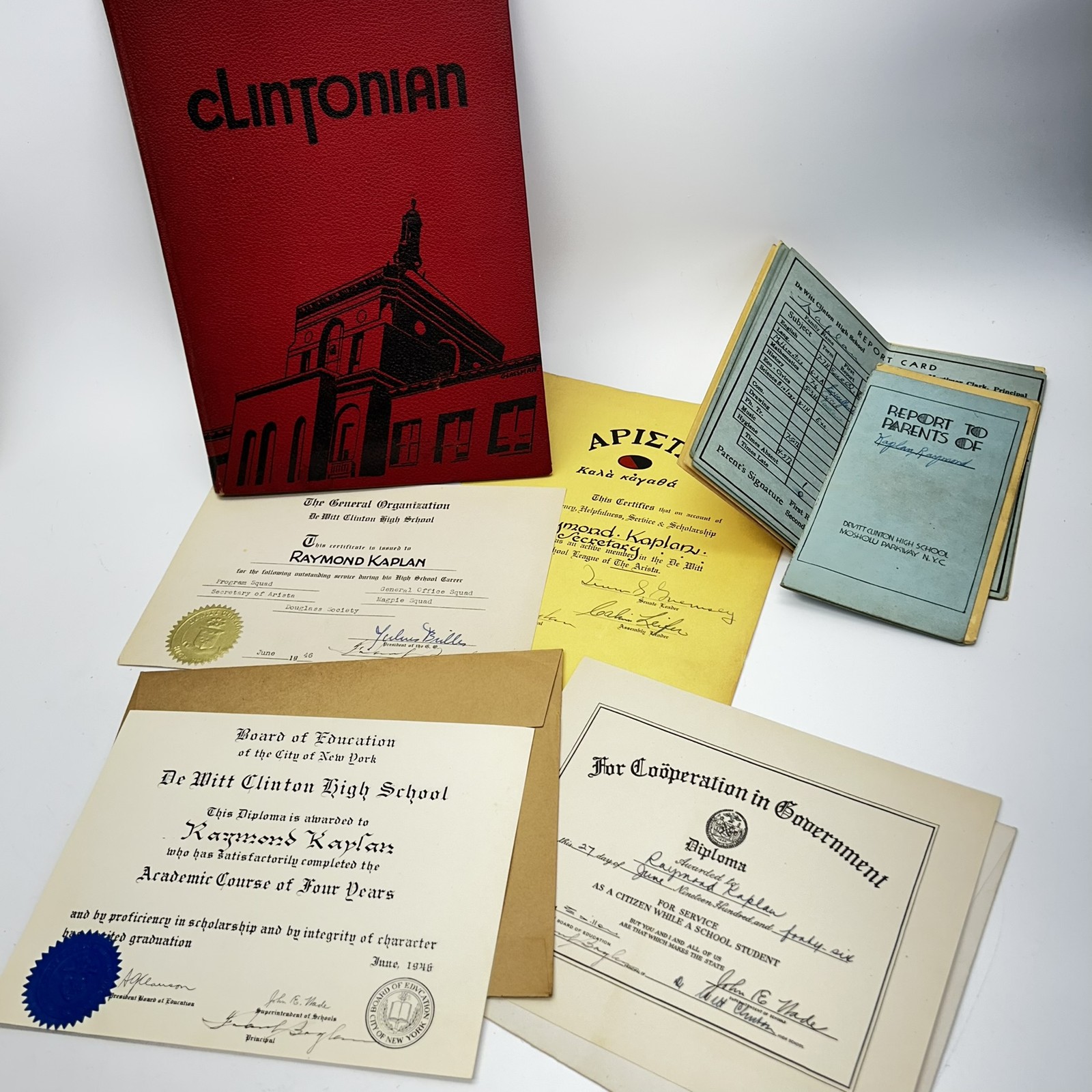 Vintage 1946 De Witt Clinton High School Diploma, Yearbook Report & Card Lot NYC