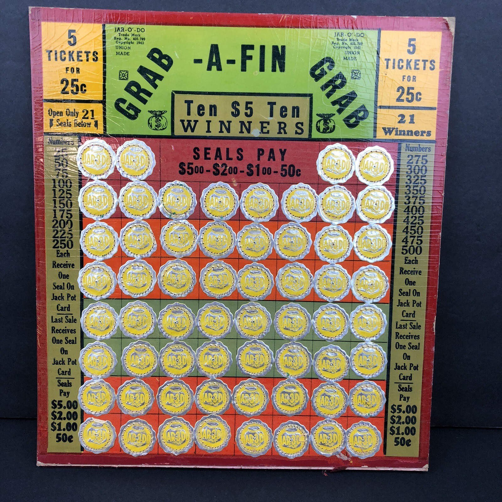 1943 Gambling Board Grab A Fin Grab Jar O Do  RARE Unused
