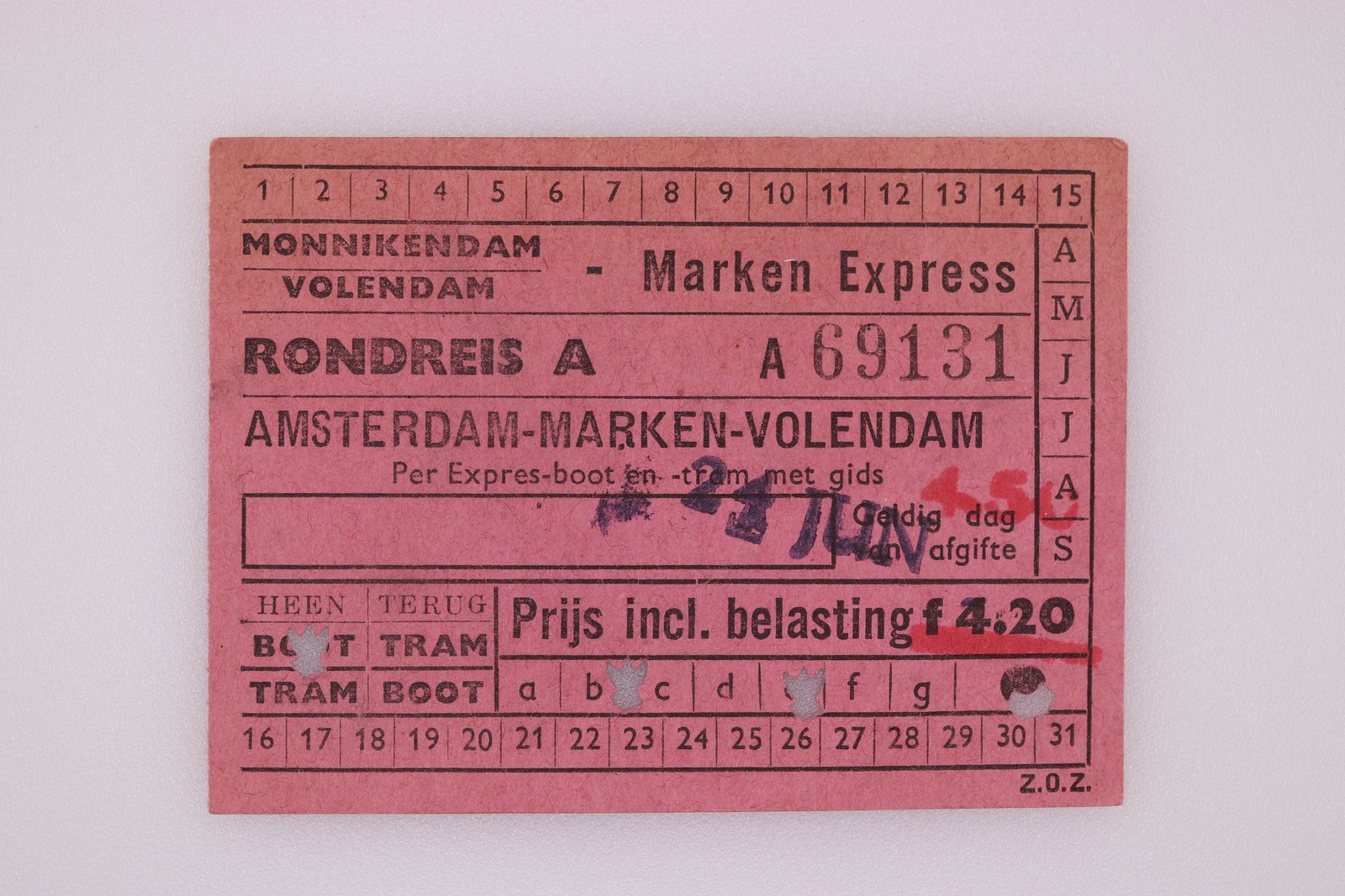 Netherlands Marken Express Rondreis Ticket 1923 Used train boarding pass