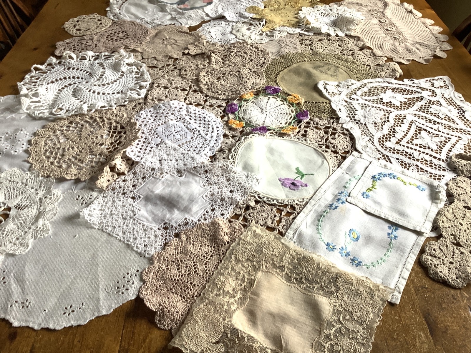 Job Lot of 42 x Vintage Handmade Lace Doilies. Various sizes & Hand Finishes