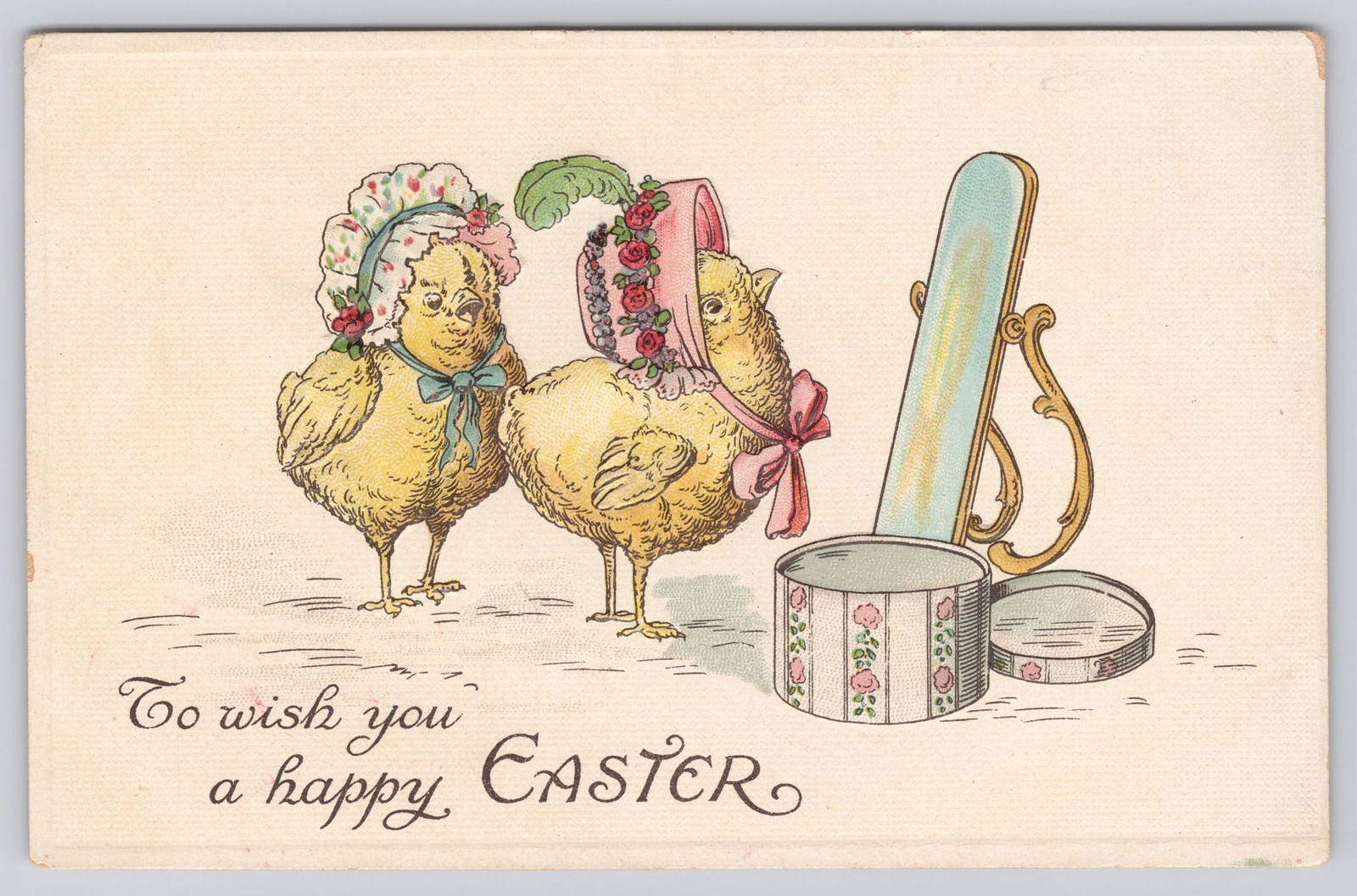 Antique Easter Postcard Anthropomorphic Chicks Bonnets Mirror Embossed