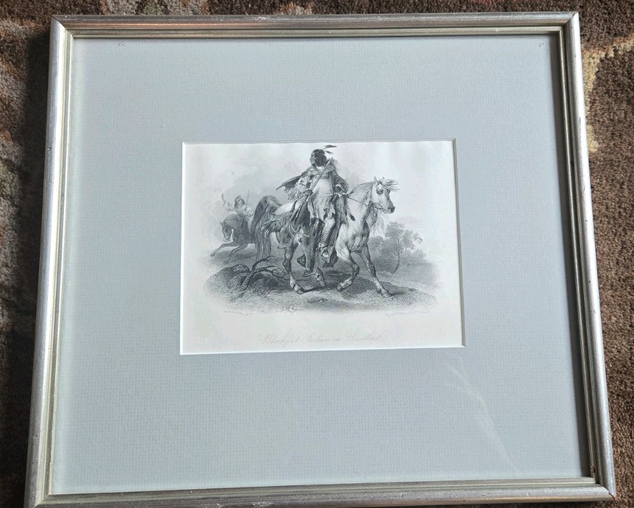 1845 Karl Bodmer Blackfoot Indian Horseback Engraving Graham\'s Magazine Framed