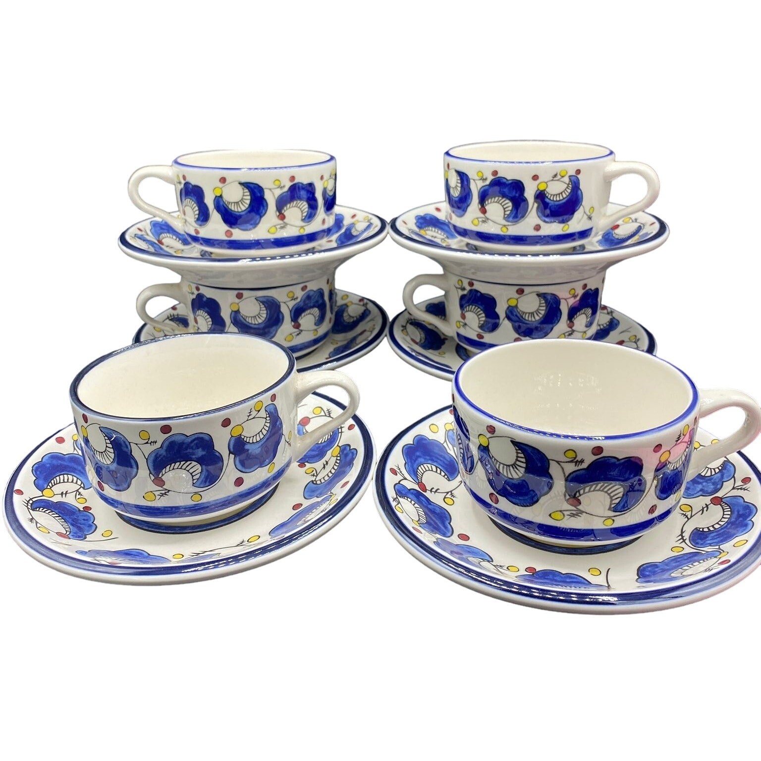 Set of 6 Vtg Buffalo China Large Cup & Saucer Restaurant Ware Blue Plumes Dots