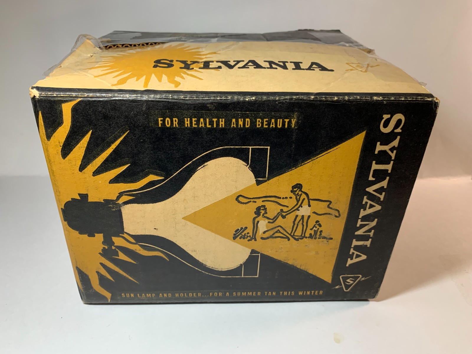 1959 SYLVANIA SUN LAMP & HOLDER IN ORIGINAL BOX FOR A SUMMER TAN THIS WINTER
