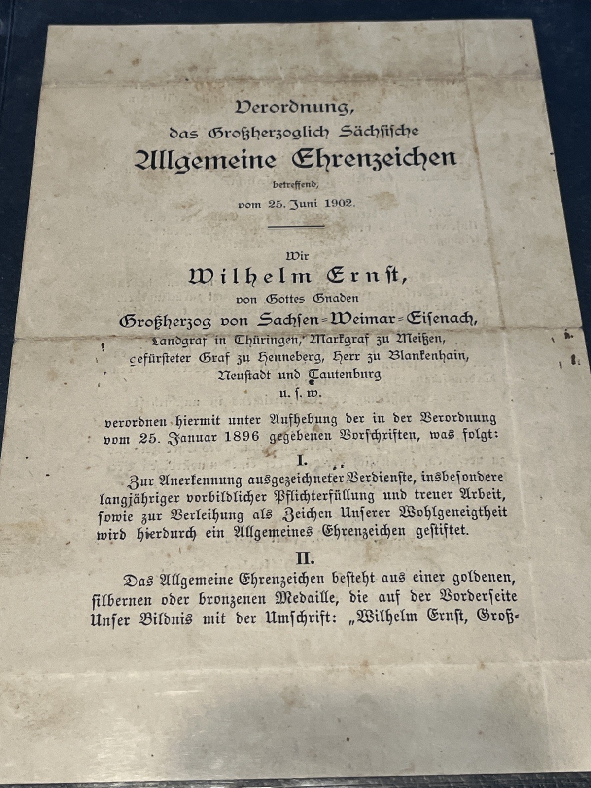 Original 1902 German Empire Document – Grand Duchy of Saxe-Weimar-Eisenach
