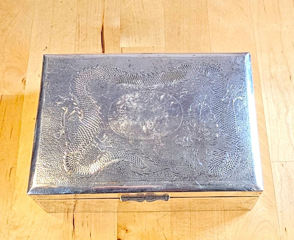 1930s Chinese Silver Plate Dragon Cigarette Box Wood Lined Vintage