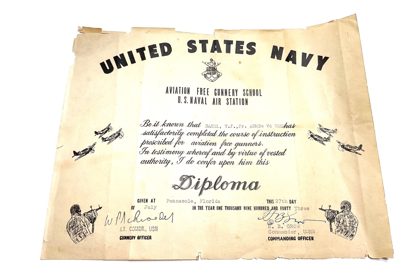 1943 WWII US Navy Aviation Free Gunnery School Diploma Pensacola Air Gunner