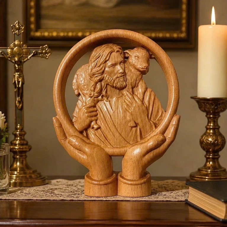Jesus The Good Shepherd - Wooden carving picture - Religious statue wall decor