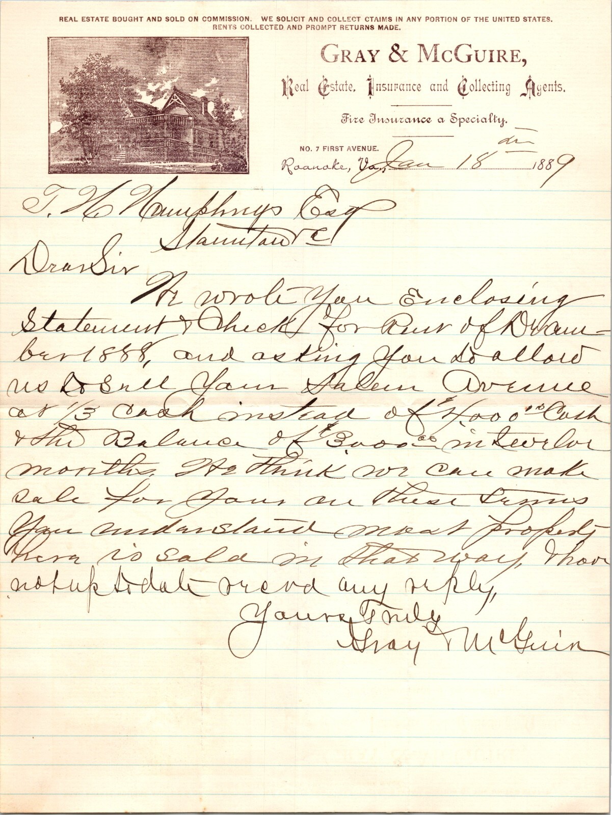 Gray & McGuire Roanoke VA 1889 Graphic Letterhead Real Estate Fire Insurance