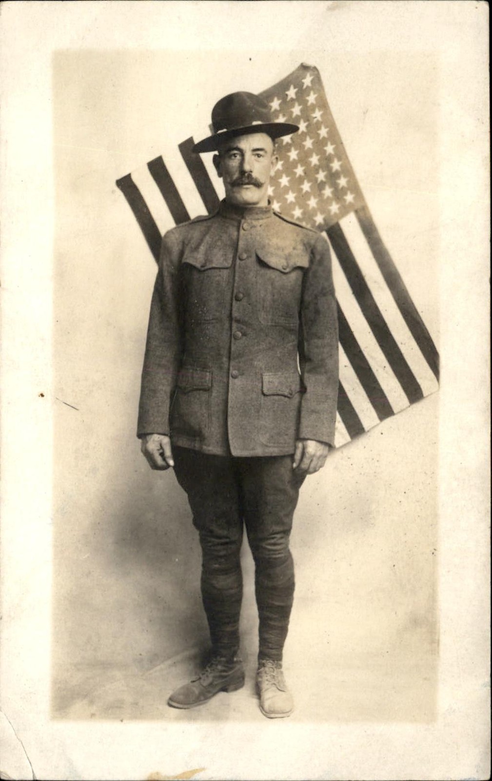 WWI soldier portrait Military Big Mustache & American Flag c1910s RPPC bhn