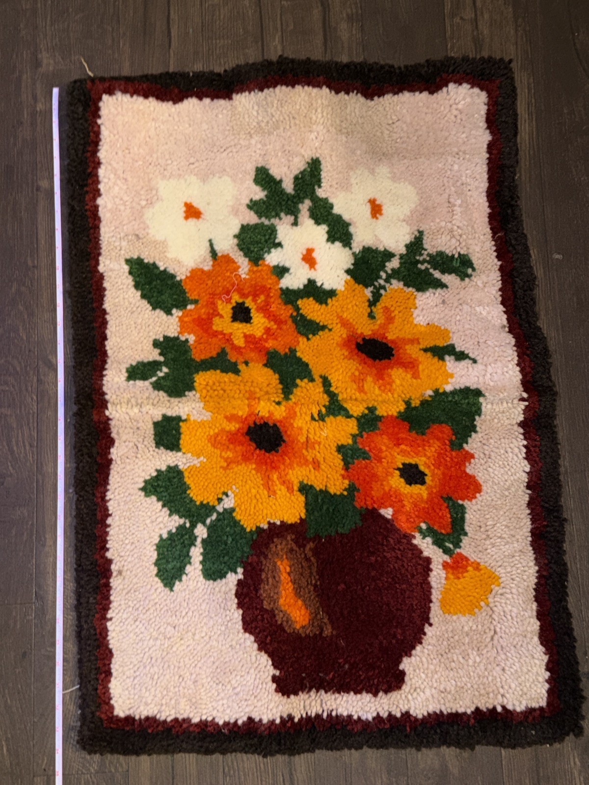 Vintage 70s Flower Power Latch Hook Wall Hanging Floral Vase Fiber Art 35x23