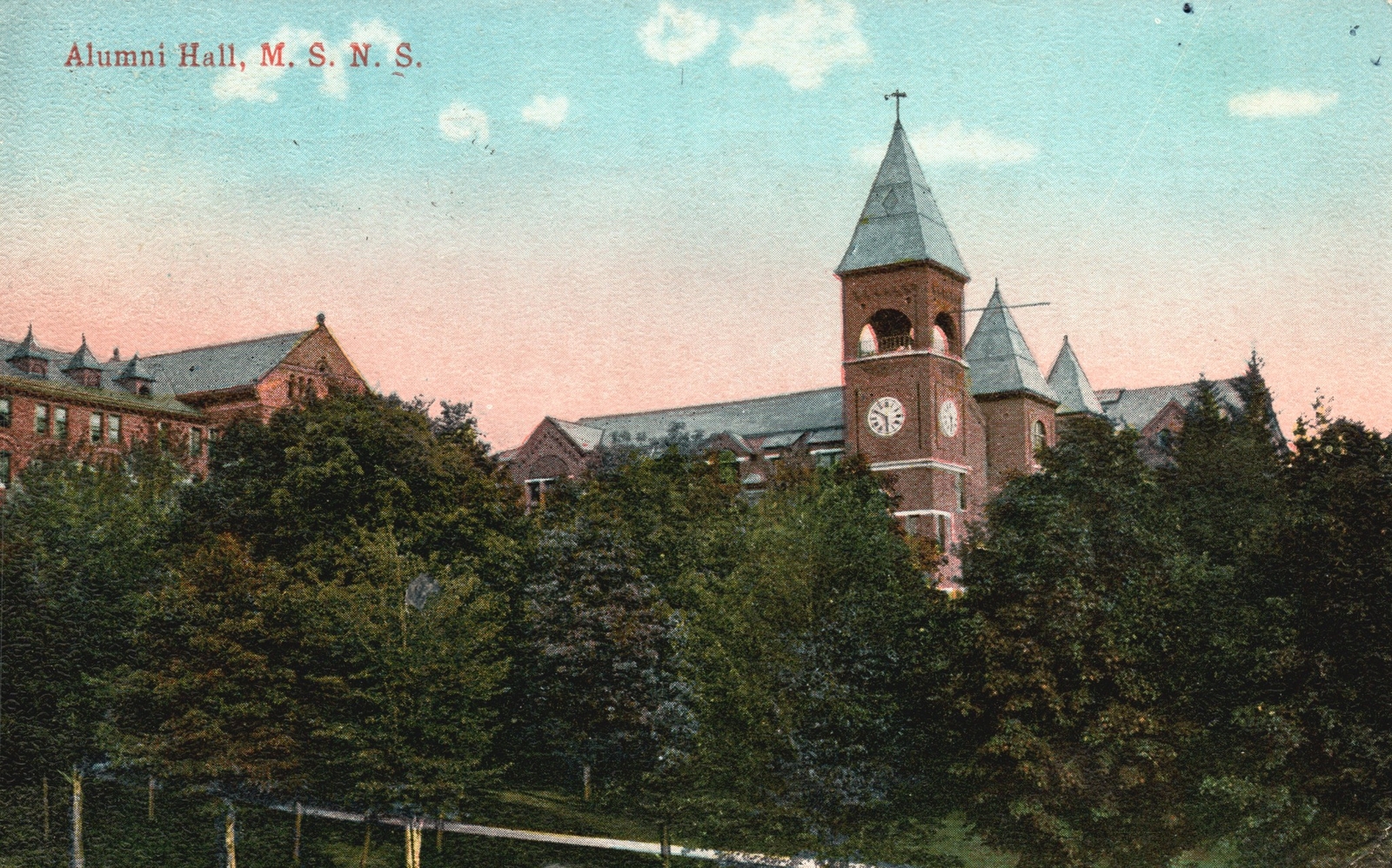 1916 Alumni Hall M.S.N.S Lush Trees Roadway Religious Building Posted Postcard