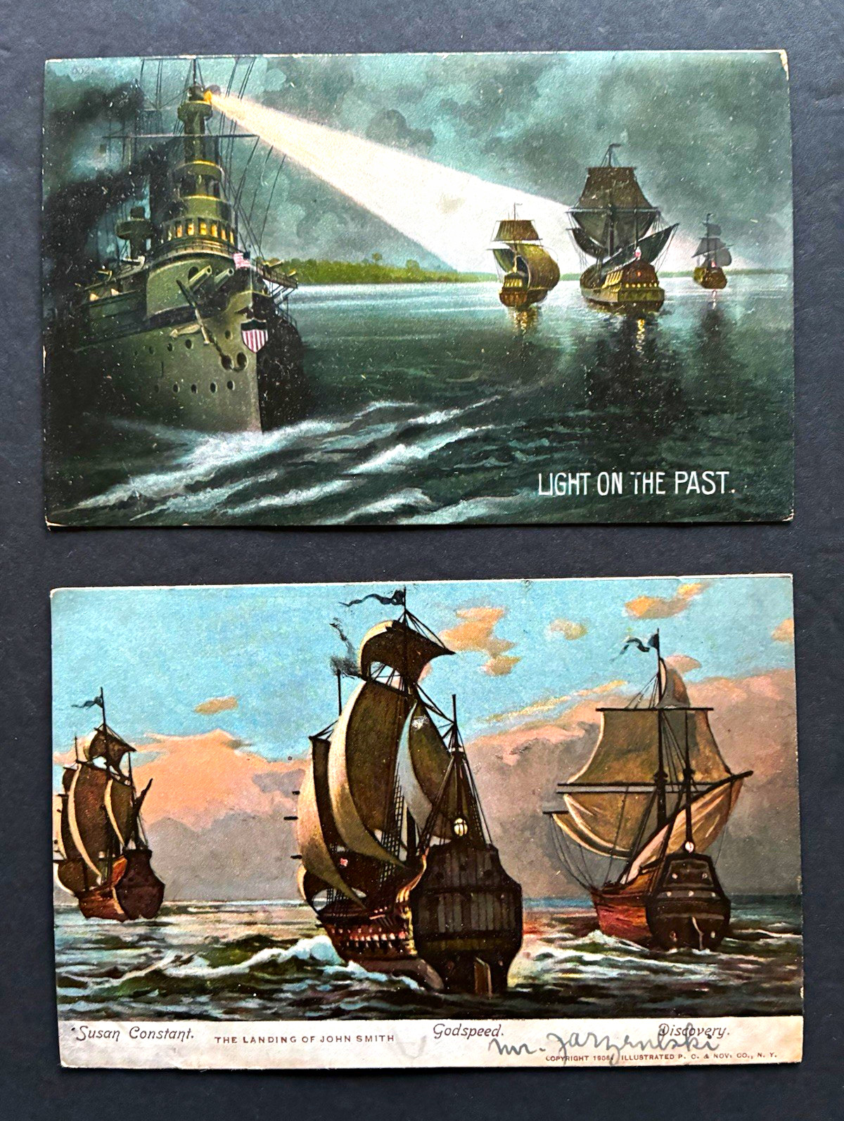 Lot of 2 Vintage 1906-1907 Jamestown Exposition Postcards Ships Battleship UDB