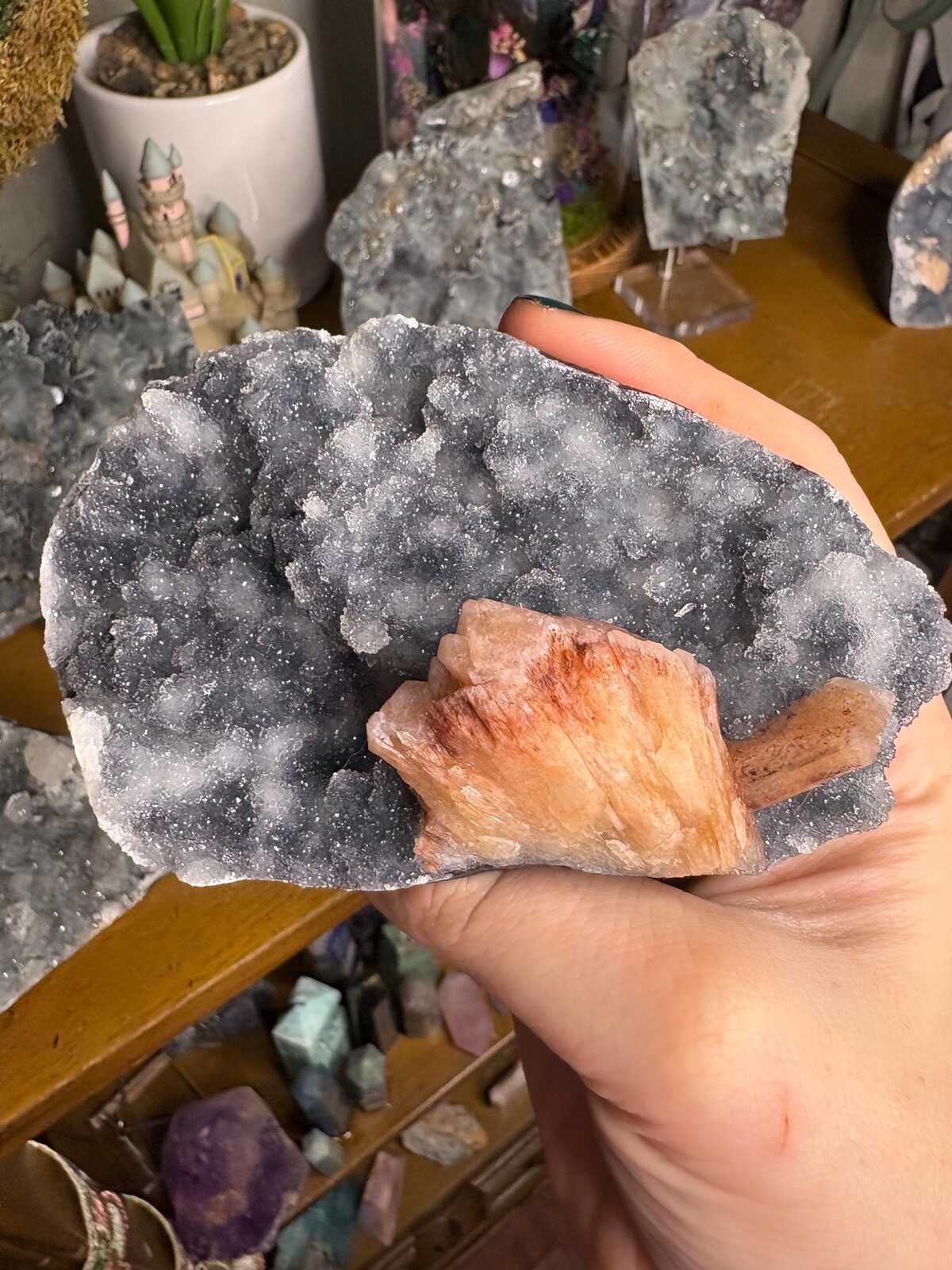 Blue Chalcedony with Druzy Quartz & Stilbite | India