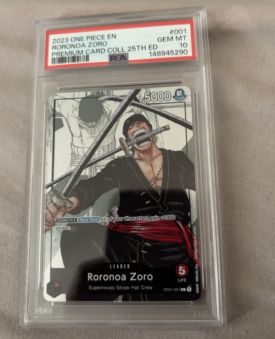 One Piece 2023 Roronoa Zoro OP01-001 Premium Card 25th Edition GEM MINT PSA 10