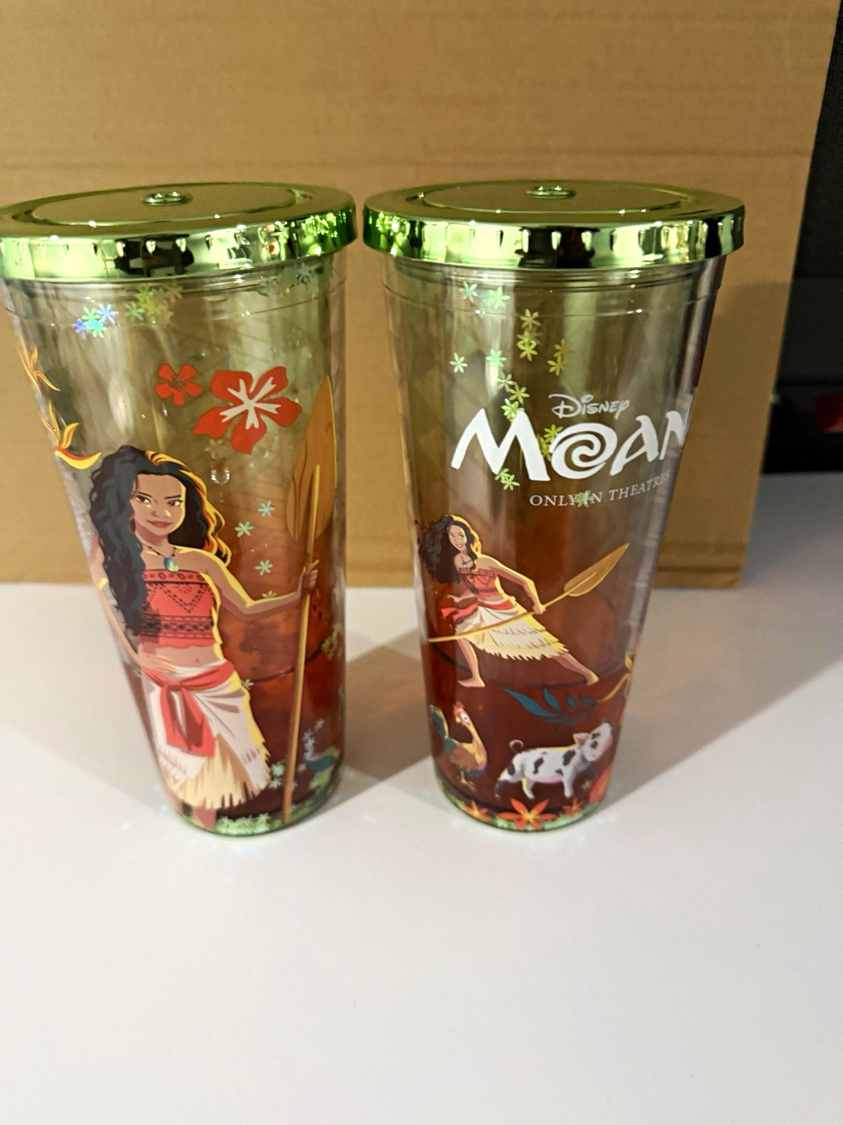 Disney Moana Green Glitter Cups (2 sets) With Straws REGAL EXCLUSIVE