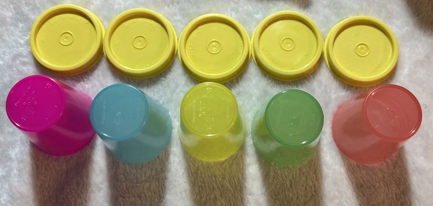 Tupperware Midgets Container 2oz Set of 5 Bright Colors w Yellow Lids New