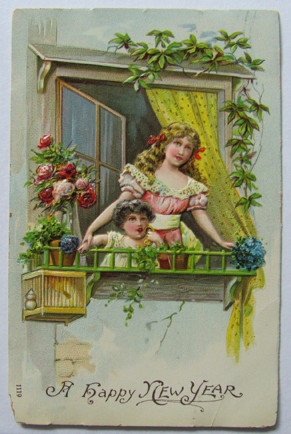 New Year Postcard Antique 1908 Balcony Woman Child 