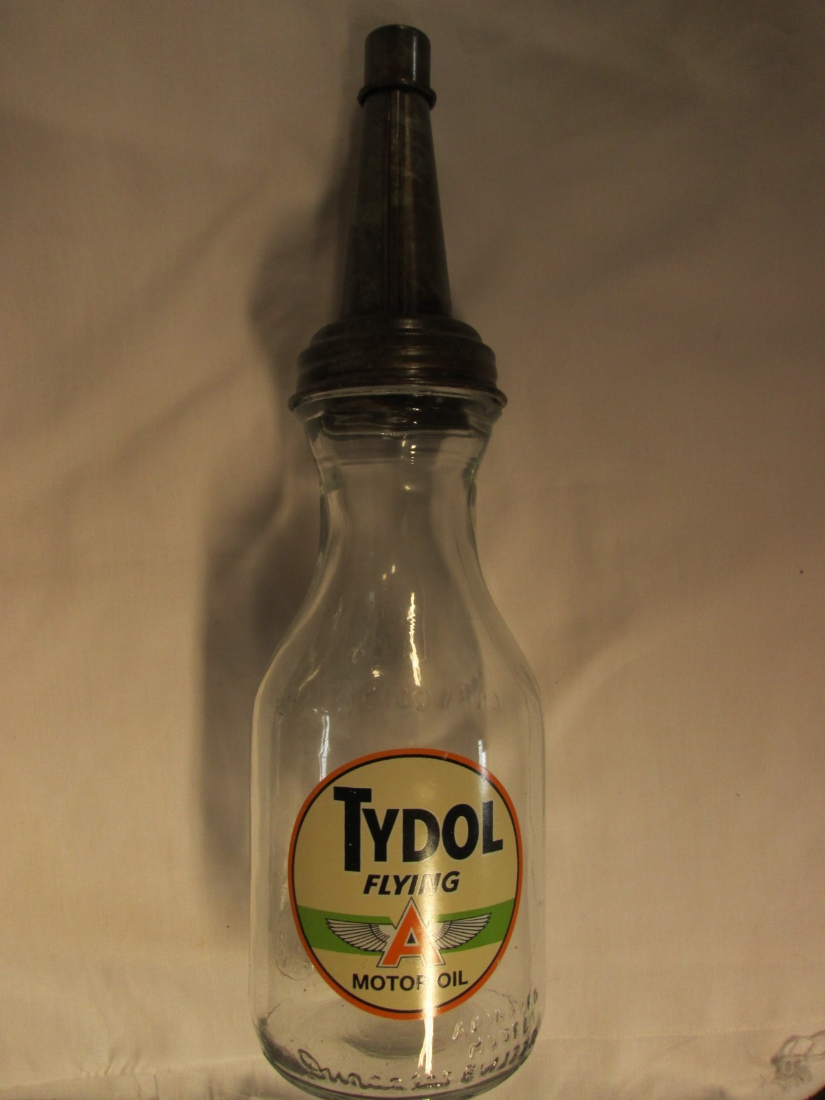 Tydol Flying A Motor Oil Bottle Spout Cap Glass Vintage Style Gas Station