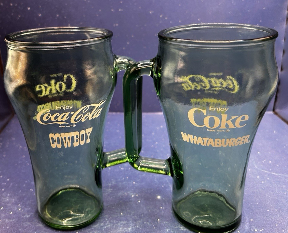 Pair of Vtg 1980s Coca Cola Whataburger Cowboy Green Glass Mug With Handle Coke