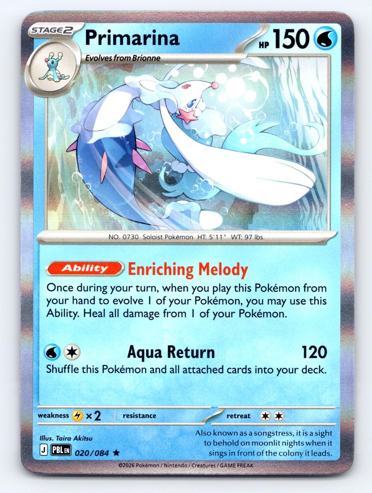 Primarina 020/084 Rare Pitch Black Pokemon Holo Near Mint