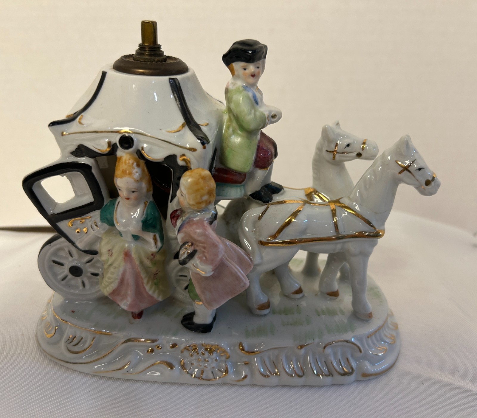 Vintage Royal Japan Horse Carriage Porcelain Lamp Hand Painted Mint