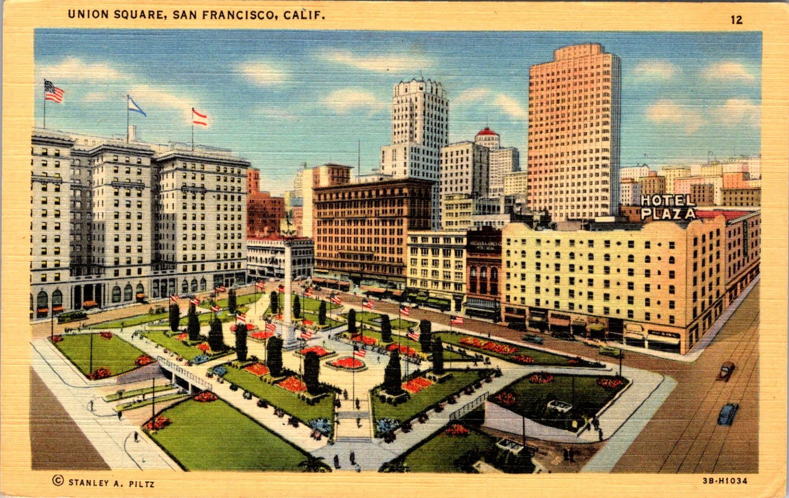 San Francisco CA Union Square Hotel Plaza Linen Postcard Posted 1940s