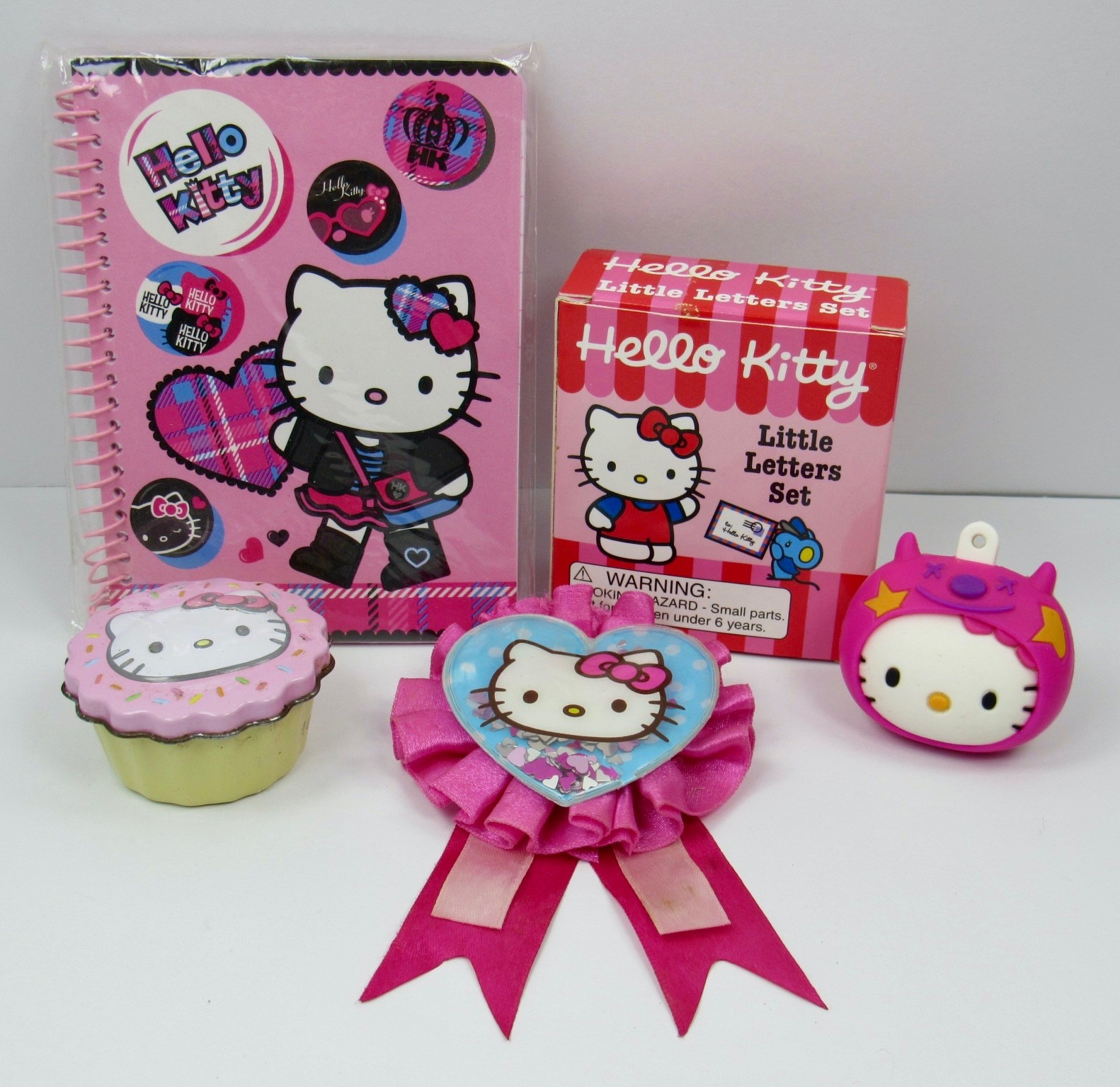 Hello Kitty Sanrio Lot 5 Collectibles Cupcake Tin Notepad Heart Pin Stickers Set